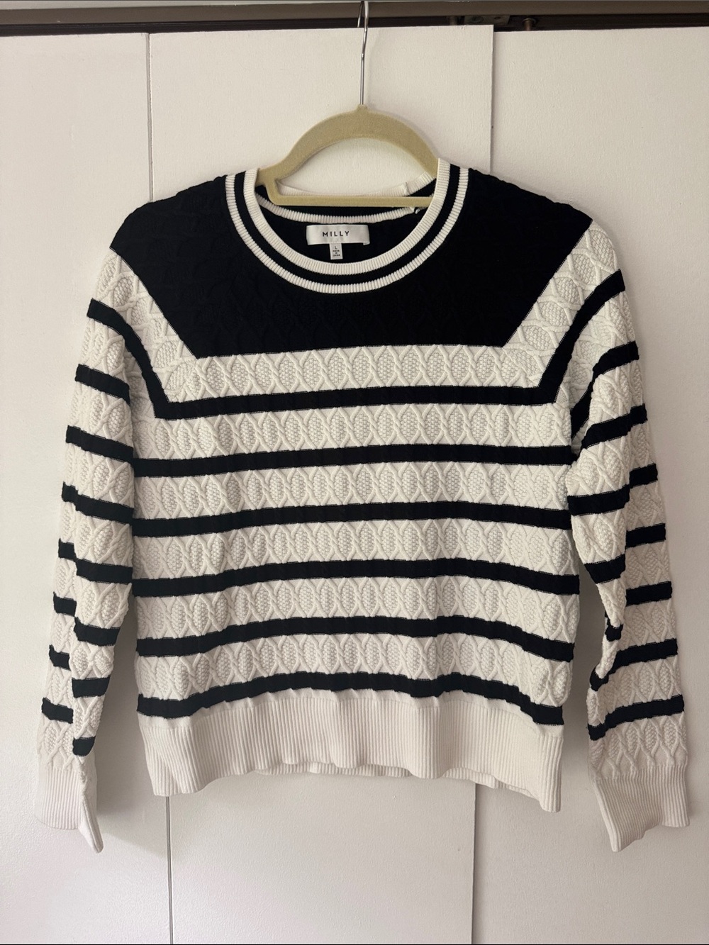 Milly Black and White Striped Cable-Knit Crew Sweater